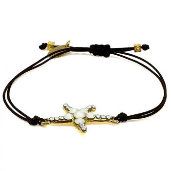 Ekaterini friendship bracelet, starfish, white Swarovski crystals brown cord and with gold accents, side